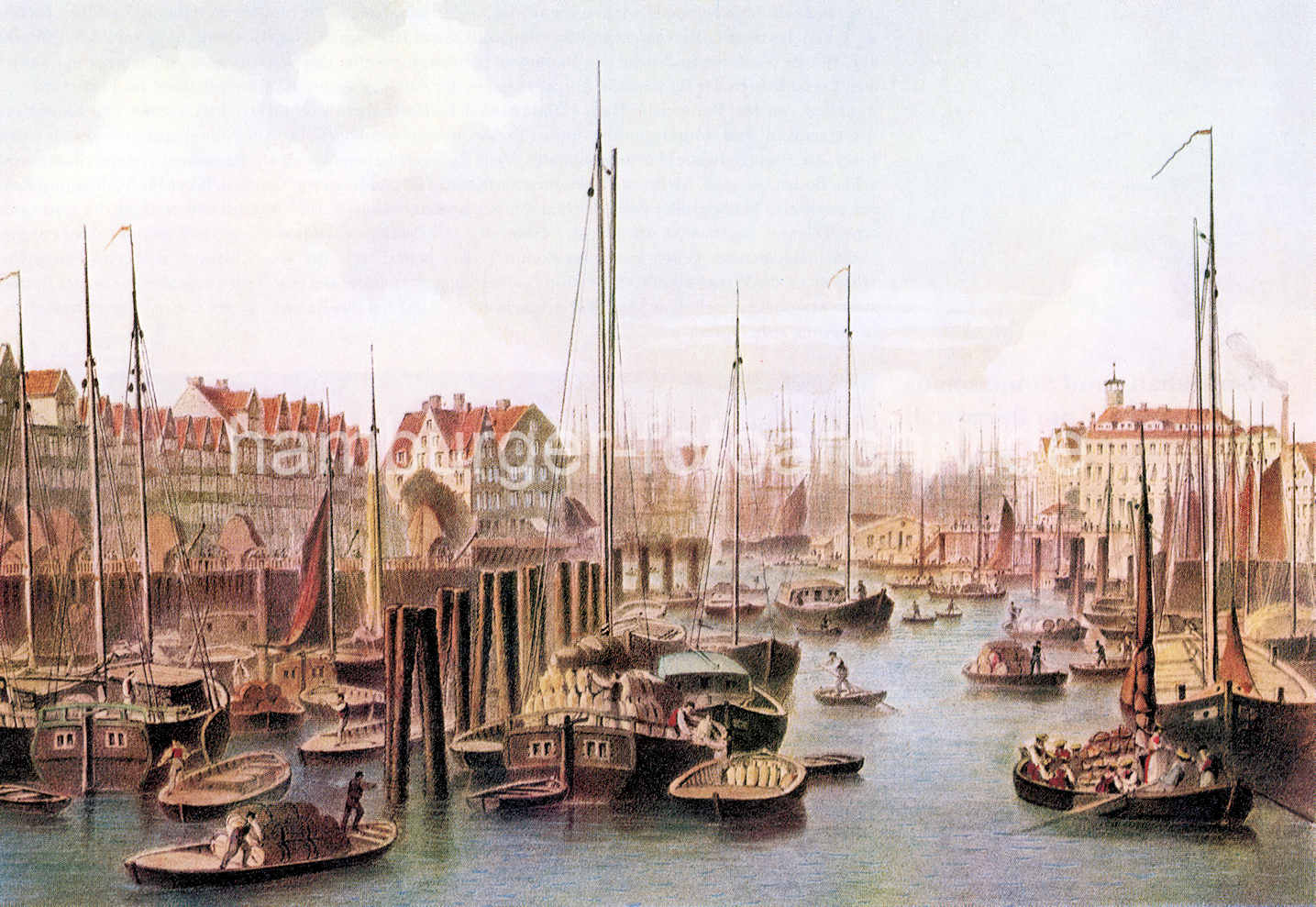 X002146 Blick in den Hamburger Binnenhafen um 1870; Frachtsegler liegen an den Dalben. | Binnenhafen - historisches Hafenbecken in der Hamburger Altstadt.